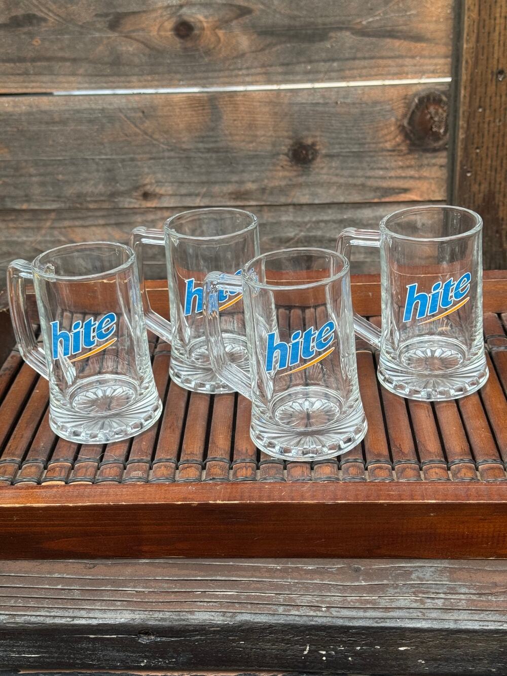 Vintage Hite Korean Beer Mugs Heavy Glass Stein Square Handle 5" - Set of 4